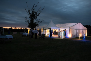 Clearspan marquee with 3m oriental canopy at night