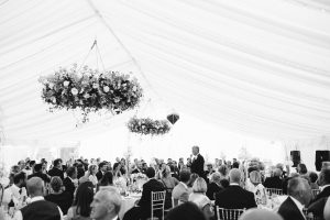 Clearspan marquee with beautiful hanging  flower rings